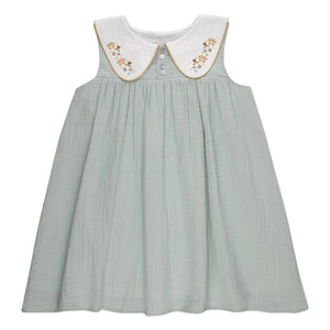 THE LiTTLE POETS - Josefa Organic Cotton Embroidered Peter Pan Neck Dress | Almond green