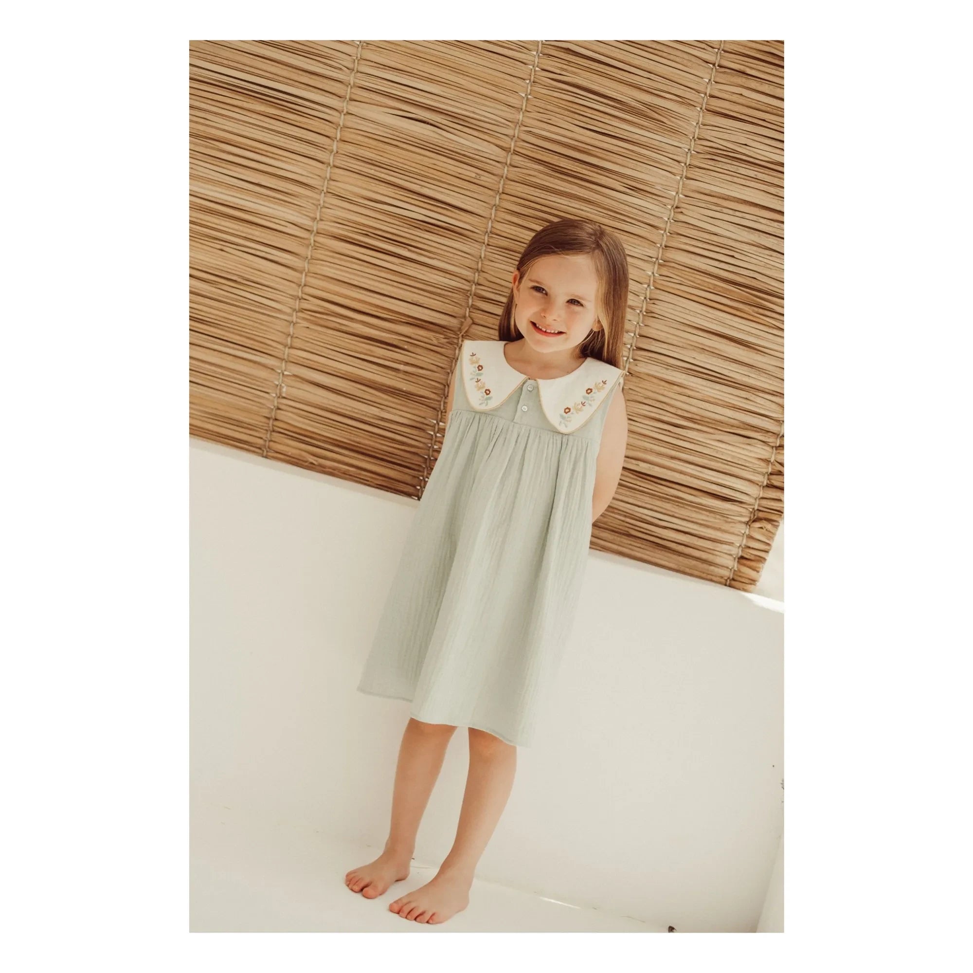 THE LiTTLE POETS - Josefa Organic Cotton Embroidered Peter Pan Neck Dress | Almond green