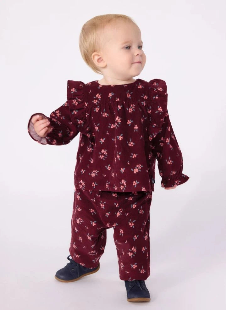 Petit Bateau - Organic Cotton Corduroy Floral Print Pants | Burgundy