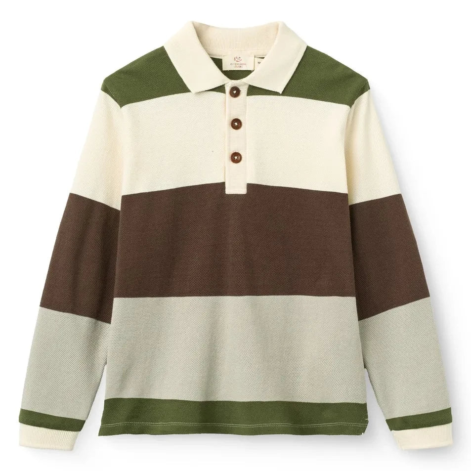 Copenhagen Colors - Organic Cotton Striped Long Sleeve Polo T-Shirt | Grey