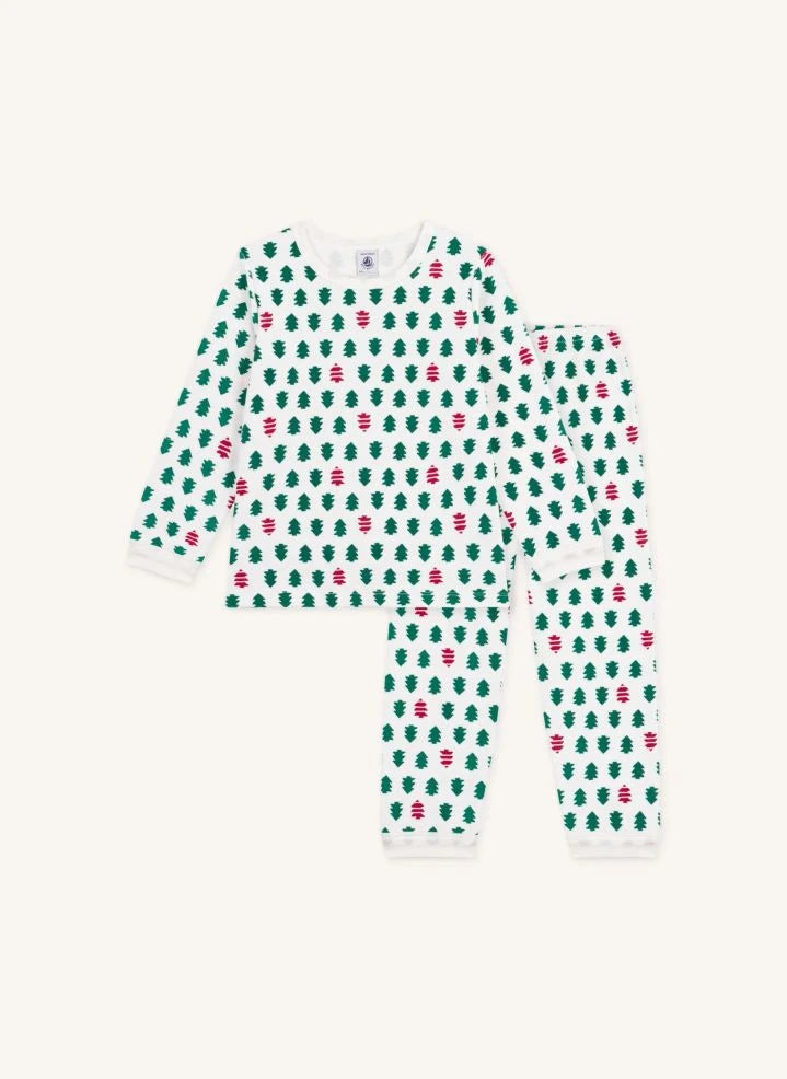 Petit Bateau - Fir Tree Velvet Organic Cotton Pajamas | White