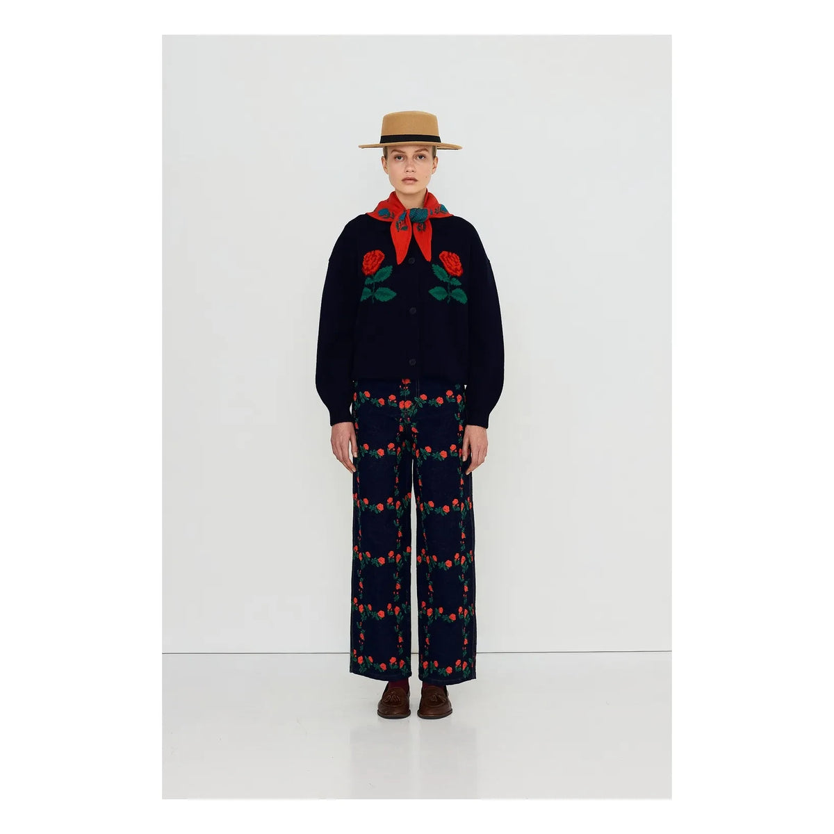 The Tiny Big Sister - Oversize Wool Rose-Patterned Cardigan | Navy
