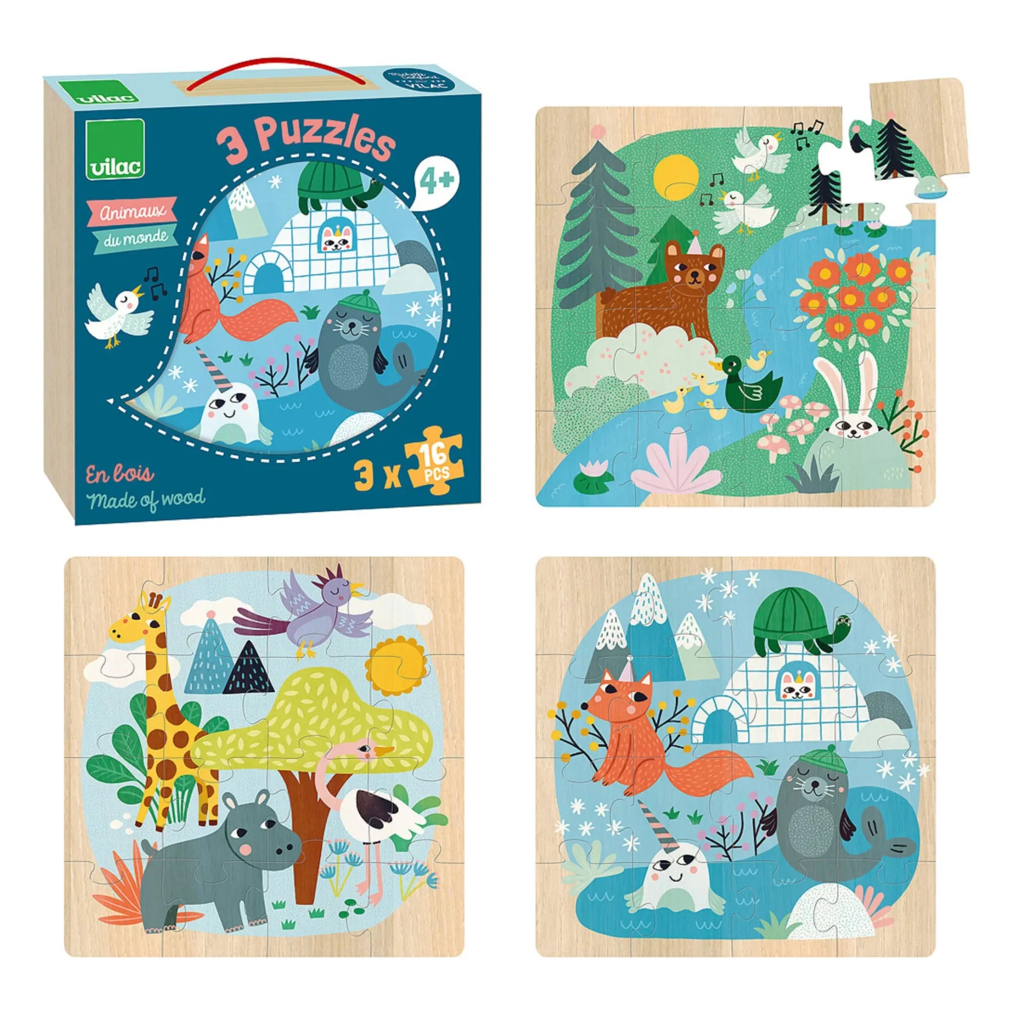 Vilac - World's Animals 3-Piece Puzzle Set - 16 Pieces