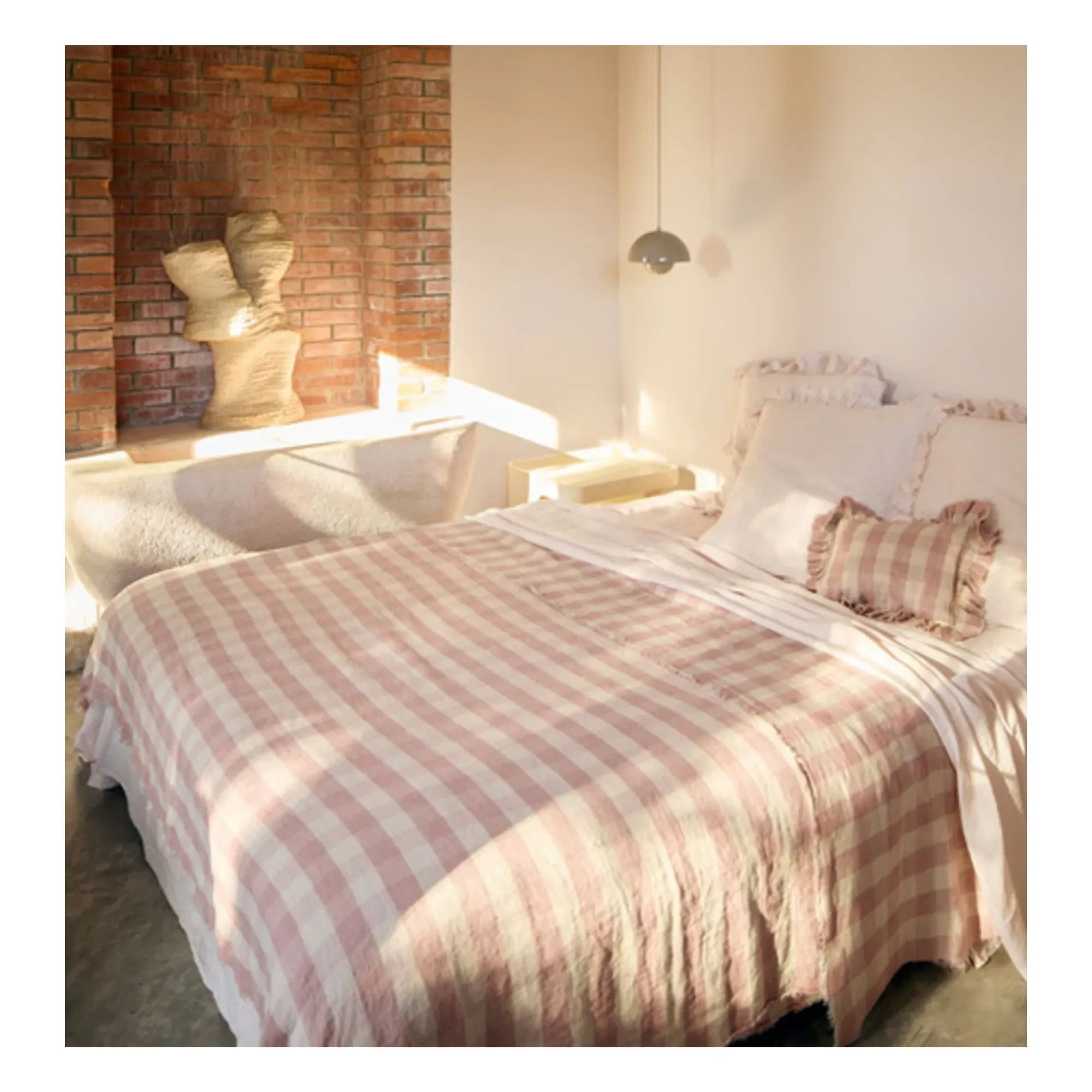 Maison de Vacances - Washed Linen Ruffled Vichy Cottage Pillow | Rosewood