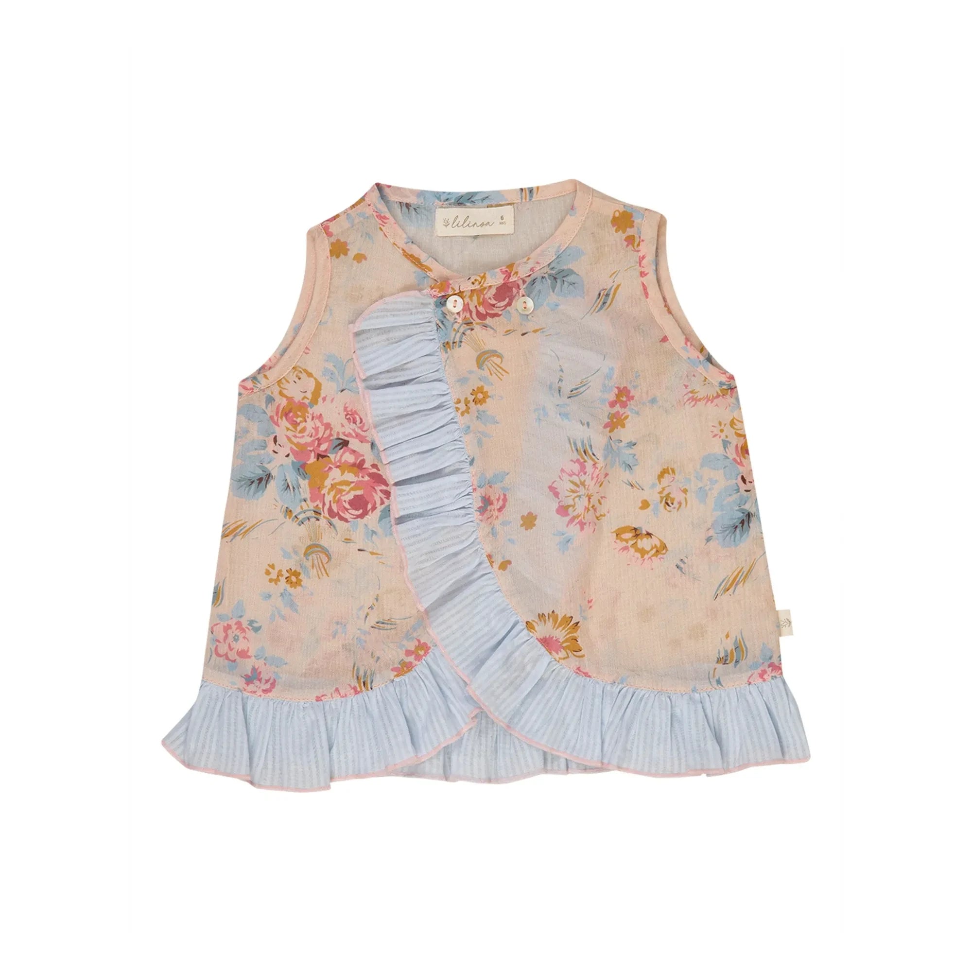Lilinoa - Floral Pattern Ruffled Cotton Voile Top | Peach