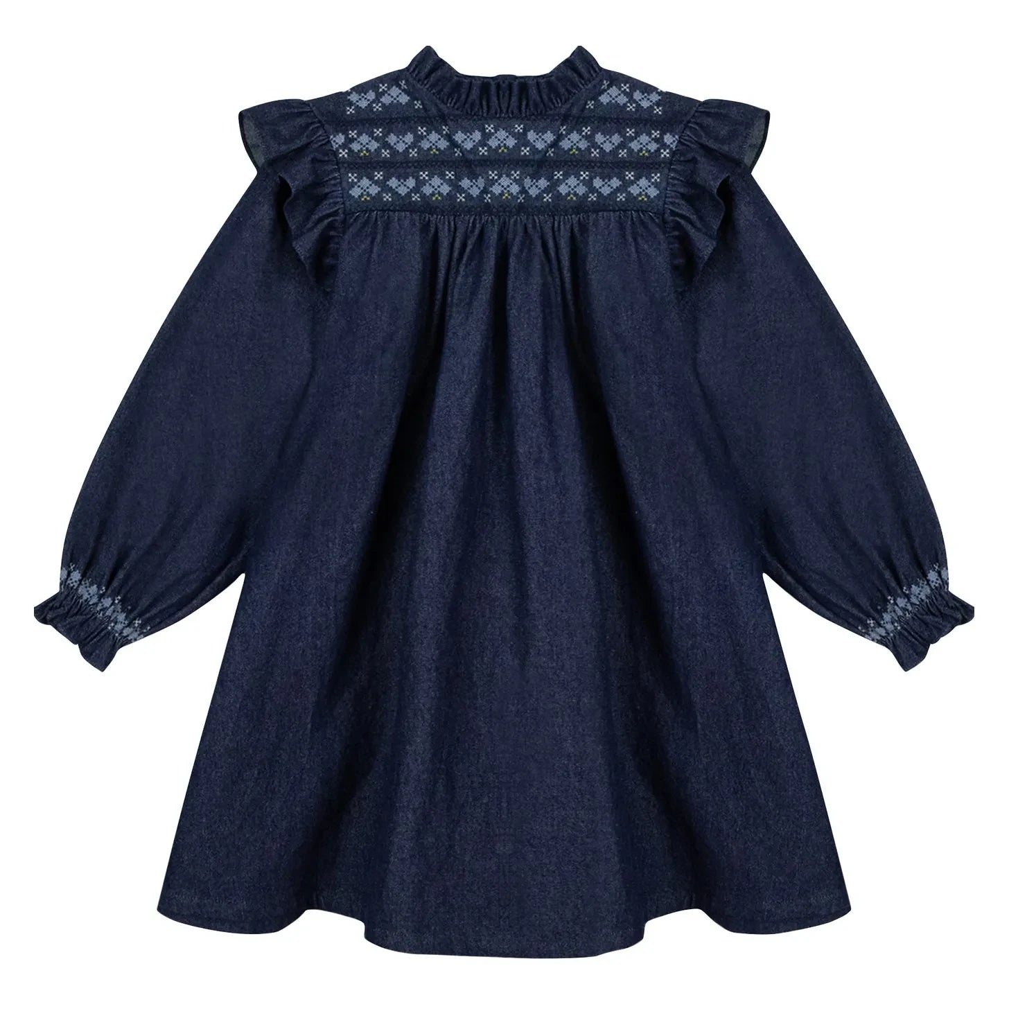Bonton - Babouchka Pamuklu Chambray Fırfırlı Elbise | Koyu Mavi
