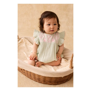 Louise Misha - Nusha Organic Cotton Ruffled Romper | Almond Green