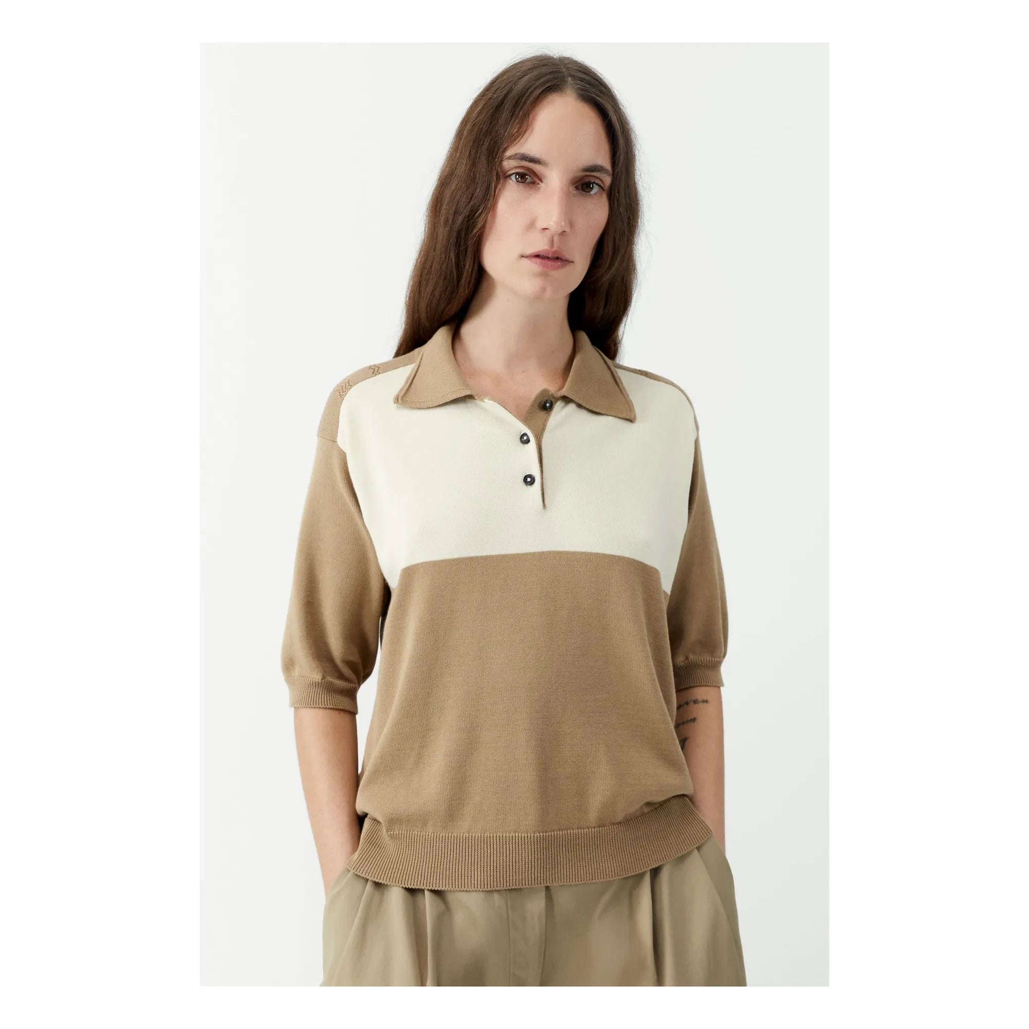 Cordera - Color Block Organic Cotton Polo T-Shirt | Camel