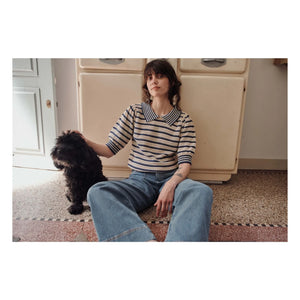Emile et Ida - Organic cotton openwork striped sweater | Navy Blue
