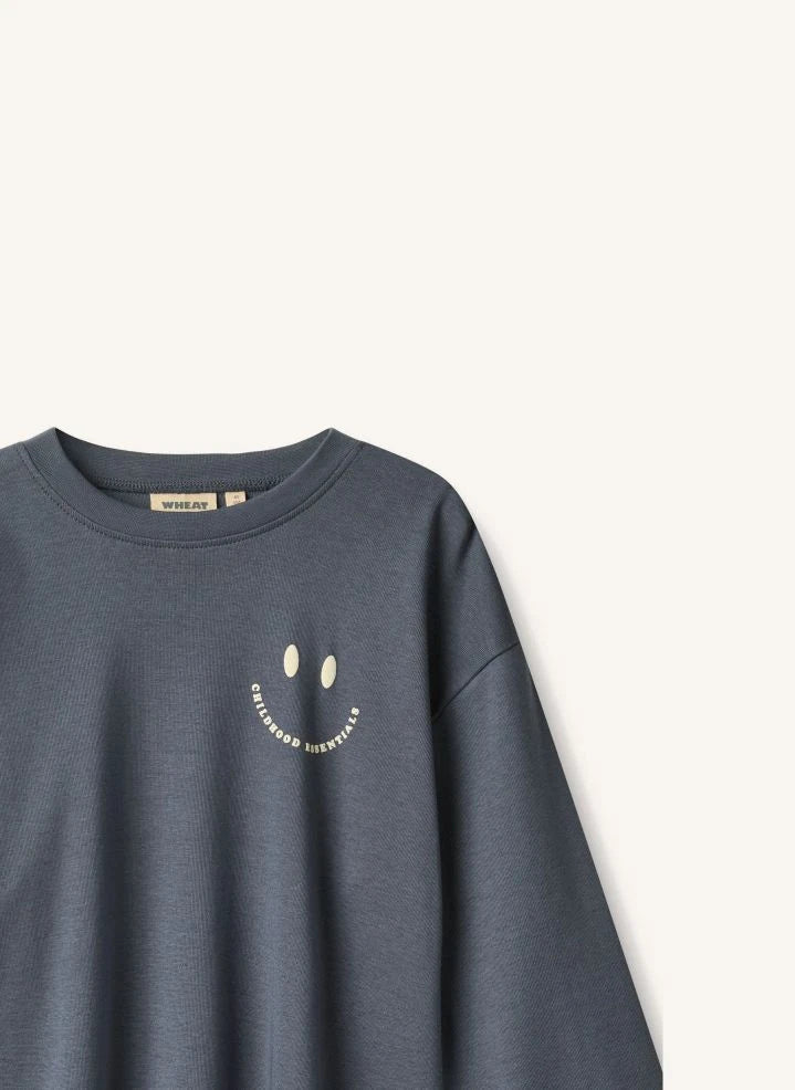 Wheat - Axe Print Smiley Organic Cotton T-shirt | Grey Blue