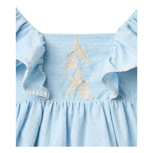 Copenhagen Colors - Floral Embroidered Bird Pattern Organic Cotton Dress | Light Blue