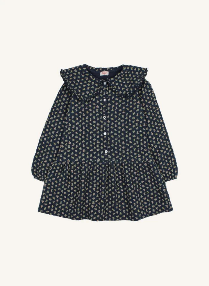 Búho - Organic Cotton Flower Cottage Claudine Neck Dress | Navy Blue