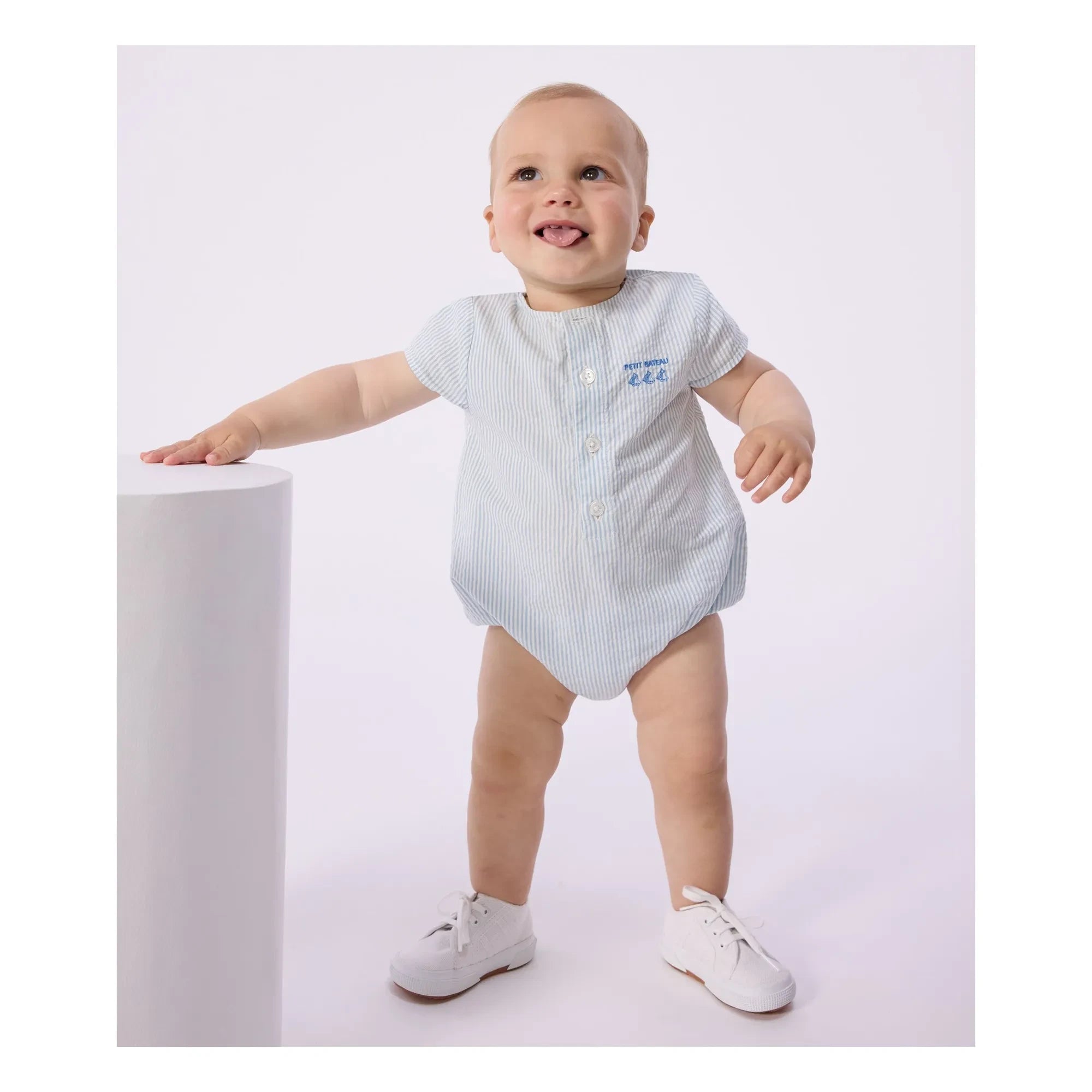 Petit Bateau - Striped Seersucker Organic Cotton jumpsuit | Light Blue