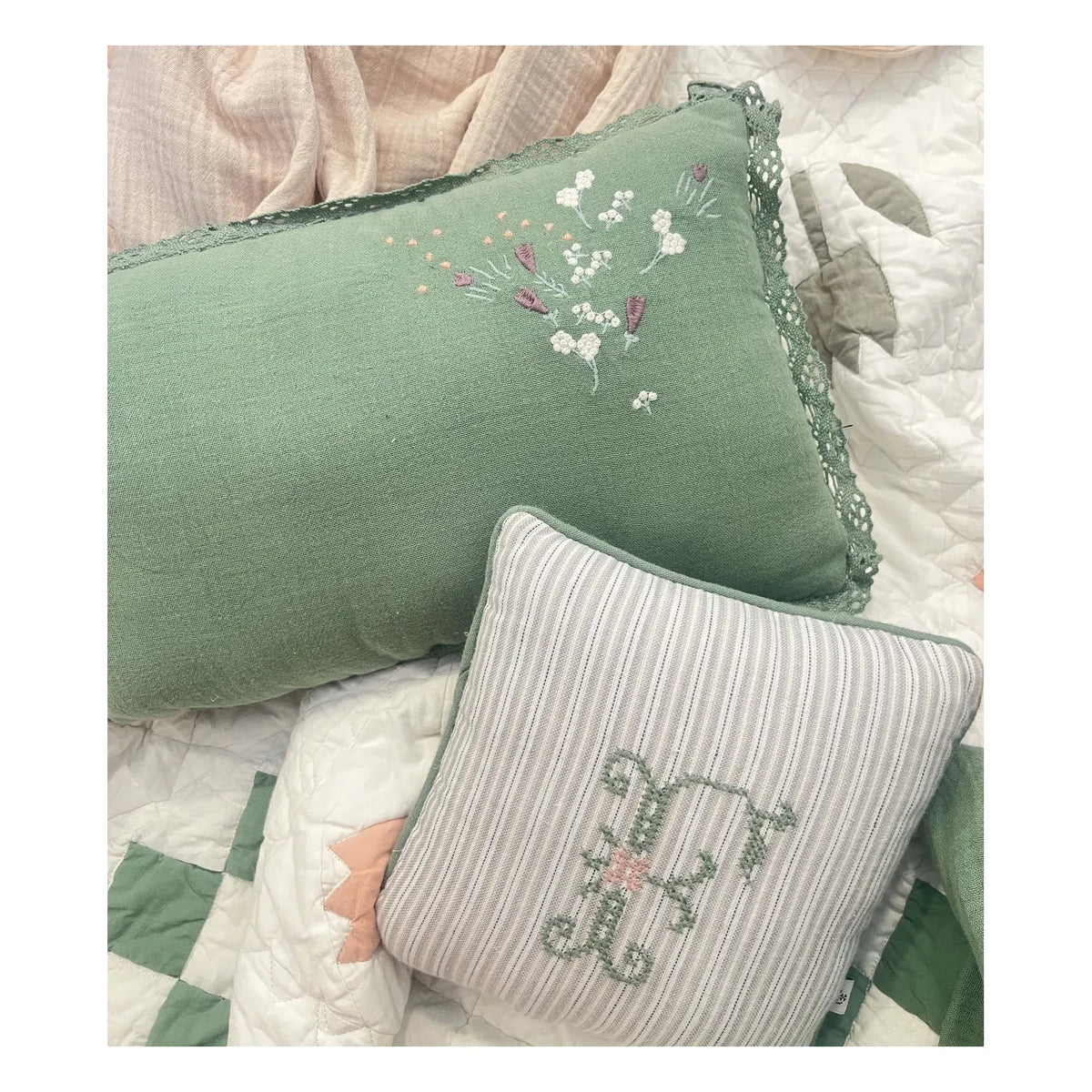 Editions Aimable - Camille Flower Cushion | Dark Green Gauze Fabric