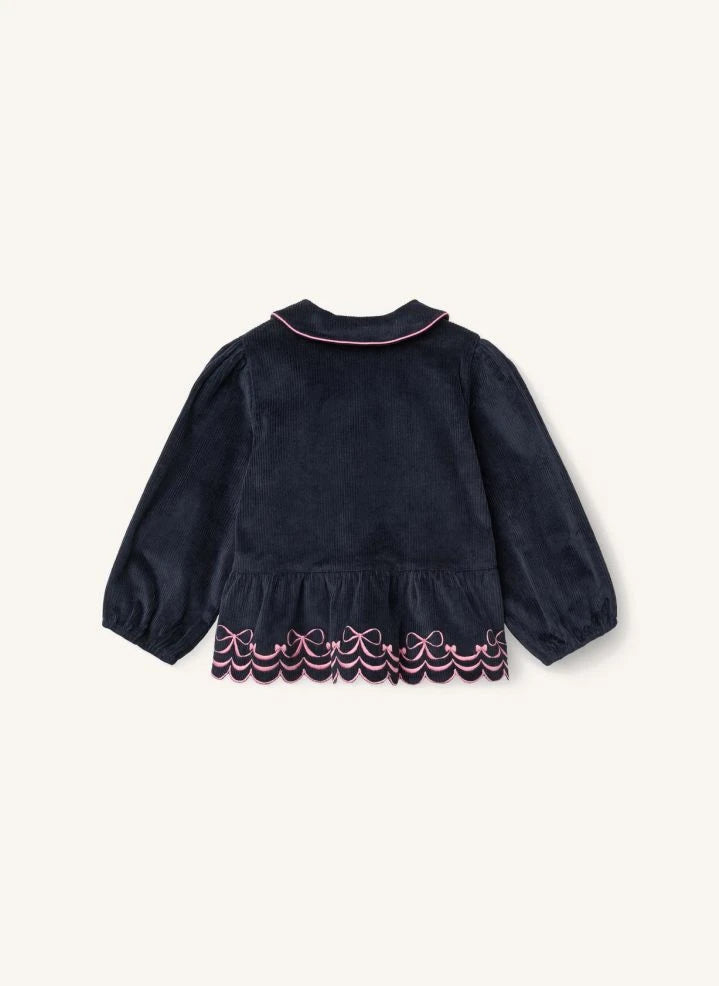 Copenhagen Colors - Organic Cotton Ribbed Velvet Blouse, Embroidered Bow Detail | Navy