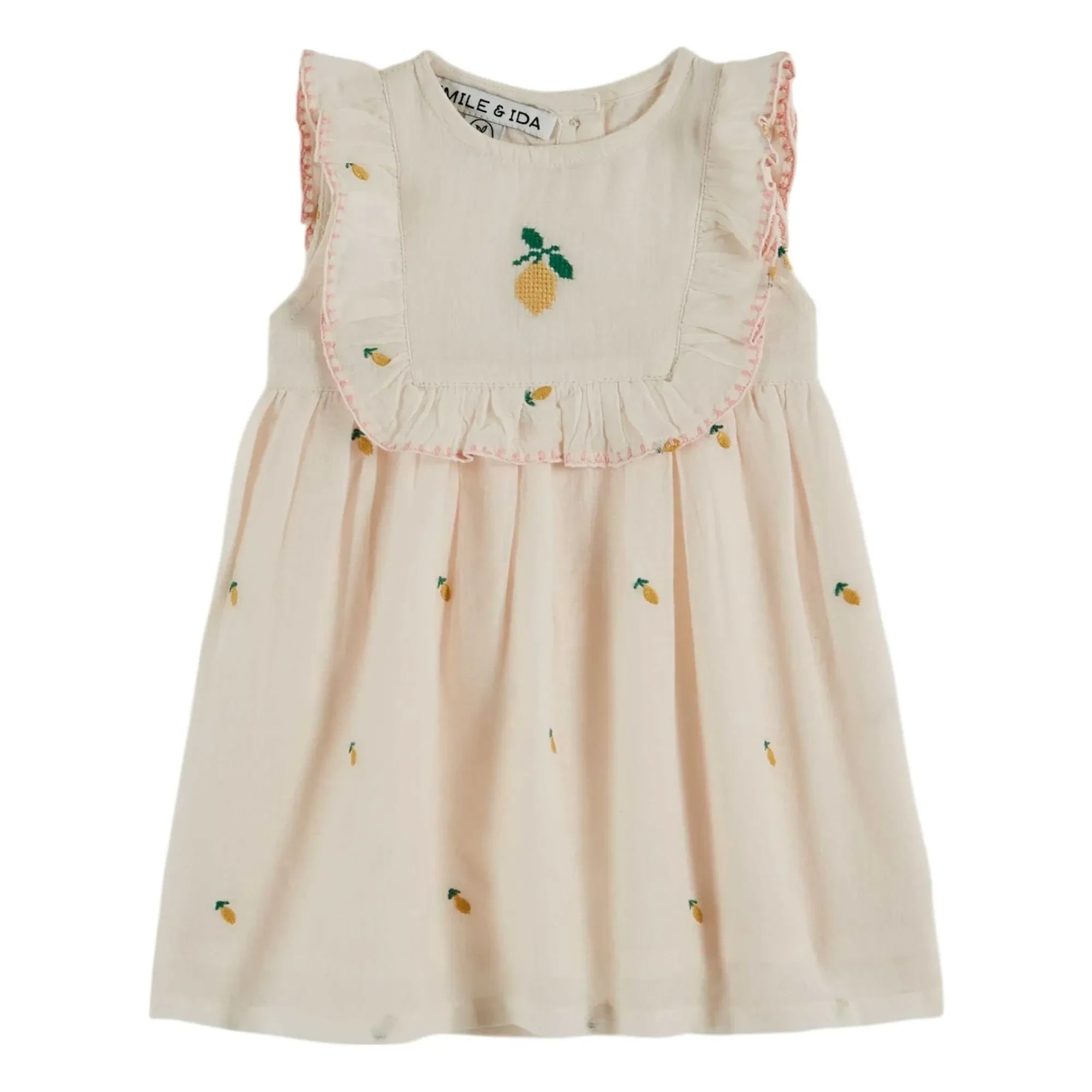 Emile et Ida - Lemon Embroidered Dress with Bib | Cream