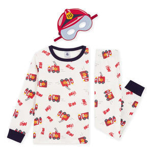 Petit Bateau - Organik Pamuk İtfaiyeci Pijama ve Maske Seti | Beyaz