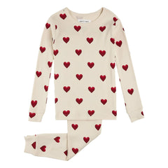 Petit Lem - Ribbed Heart Pattern Organic Cotton Pajamas | Beige