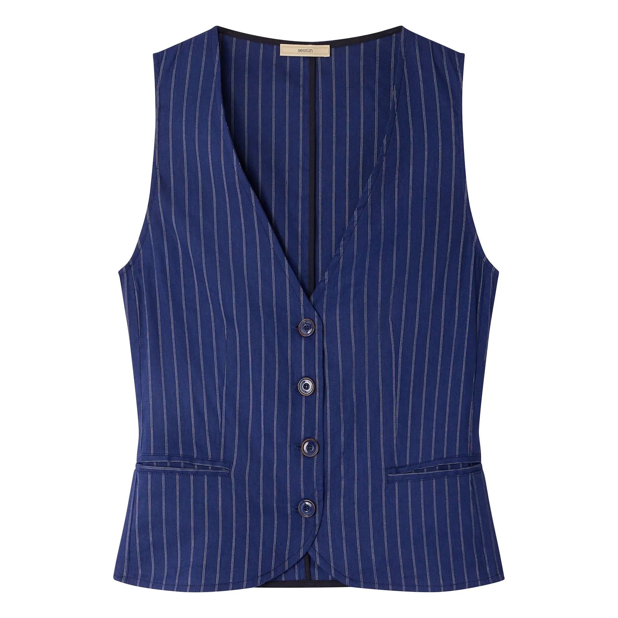 Sessùn - Fernando Linen Striped Sleeveless Blouse | Navy Blue