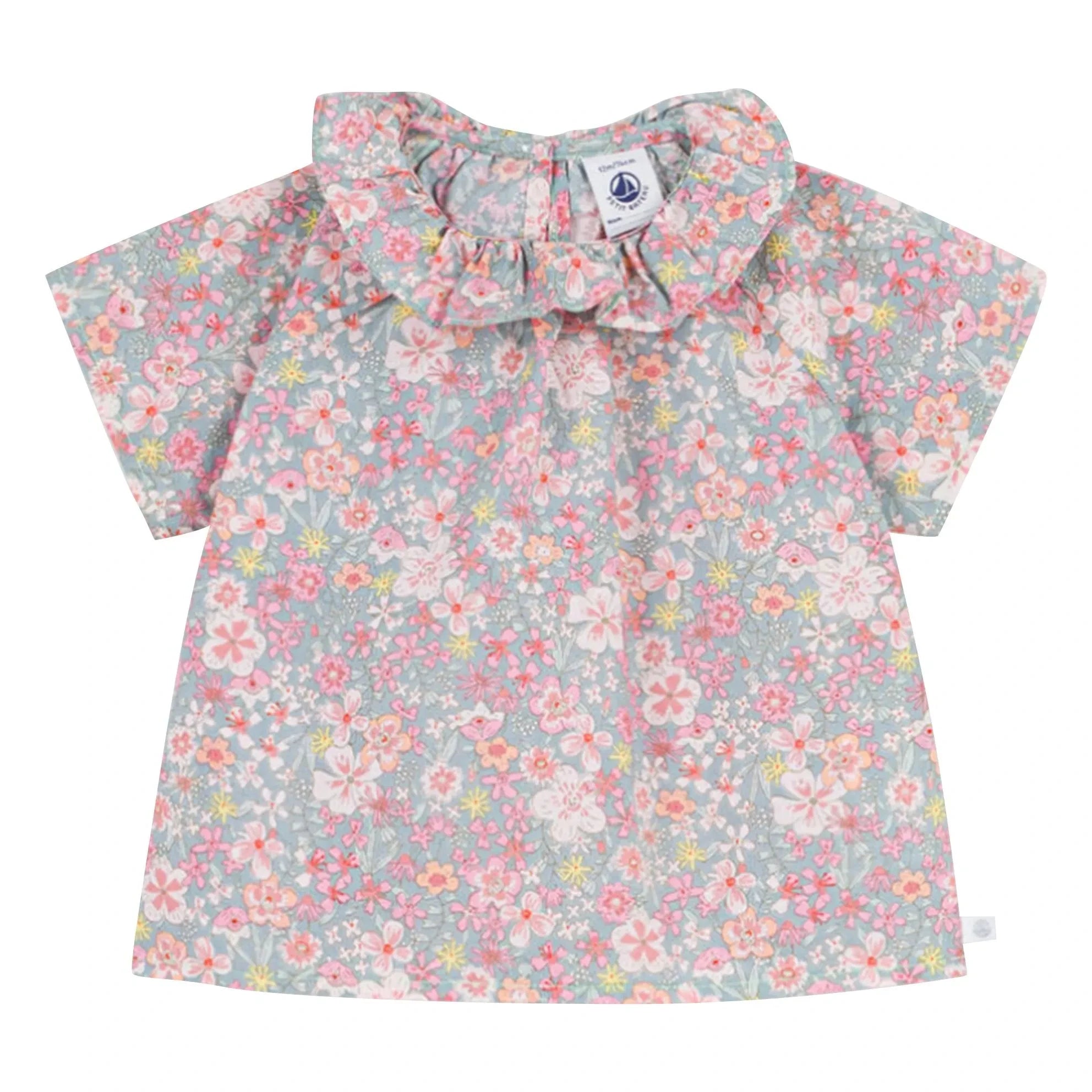 Petit Bateau - Floral Patterned Ruffled Collared Cotton Blouse | Turquoise