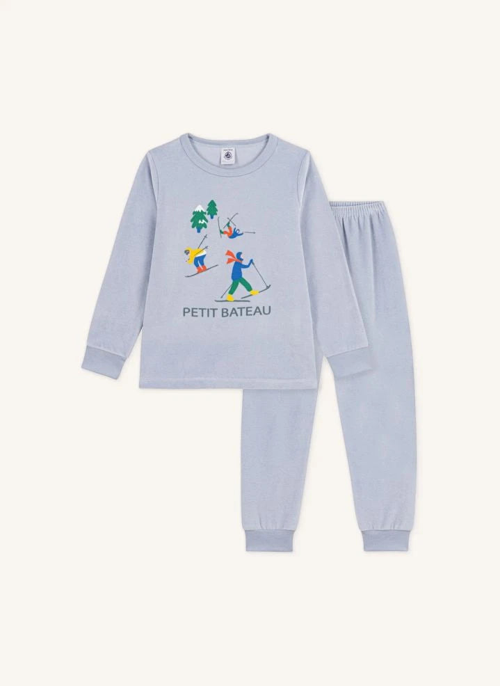 Petit Bateau - Velvet Organic Cotton Ski Pajamas | Grey blue