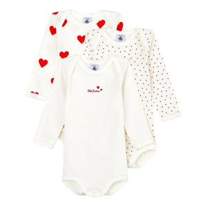 Petit Bateau - 3-Pack Organic Cotton Heart Rompers | White