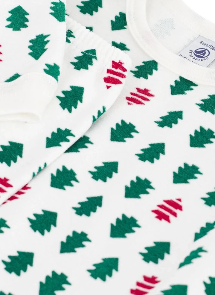 Petit Bateau - Fir Tree Velvet Organic Cotton Pajamas | White