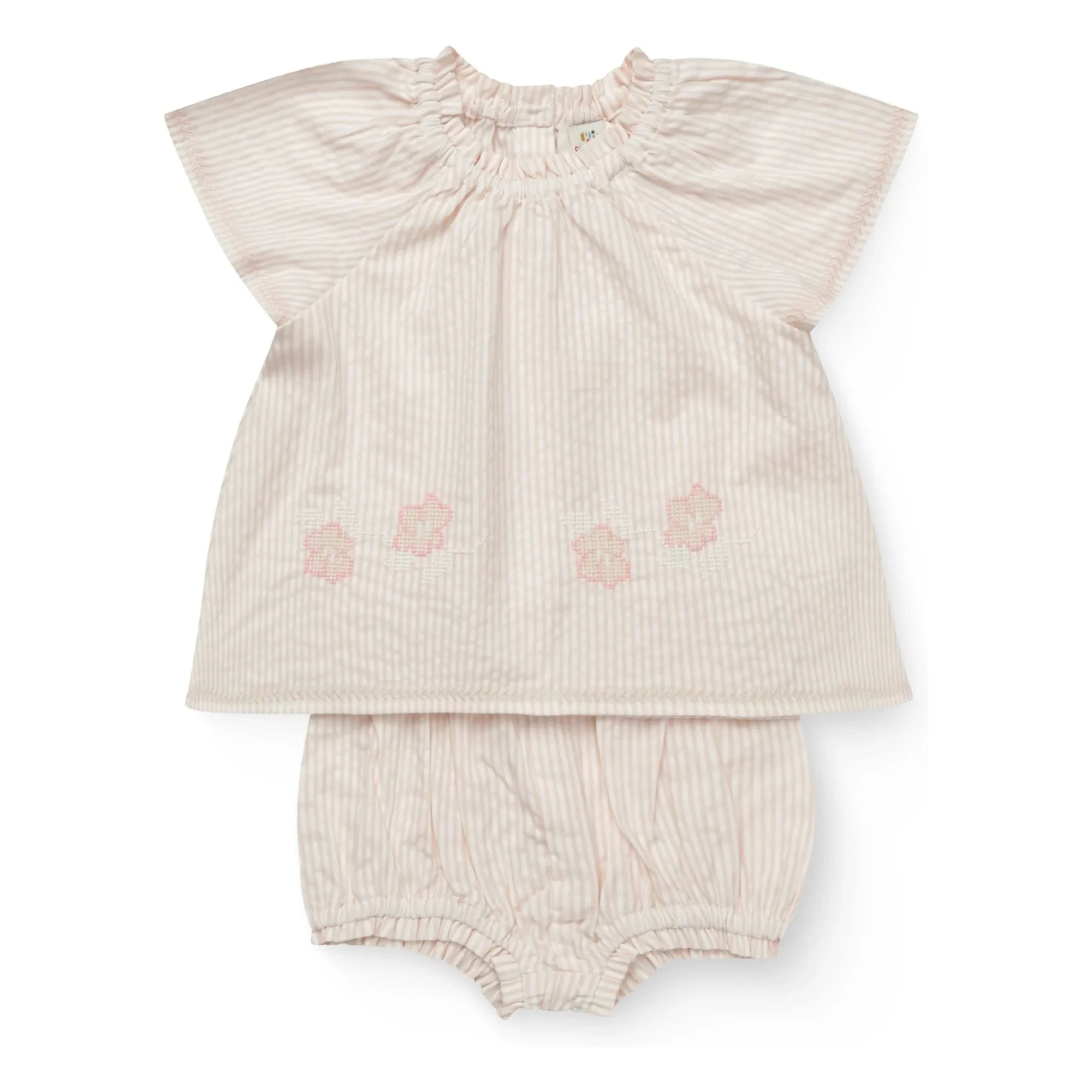 Copenhagen Colors - Striped Seersucker Organic Cotton Blouse and Romper Set | Light Pink