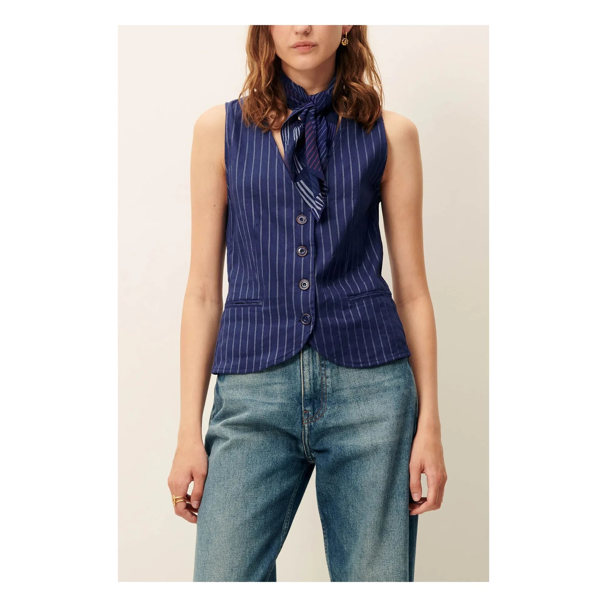 Sessùn - Fernando Linen Striped Sleeveless Blouse | Navy Blue