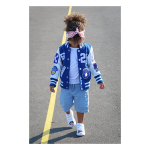 Girl Boy - Leather Patch Awesome Letterman Bomber Jacket | Blue