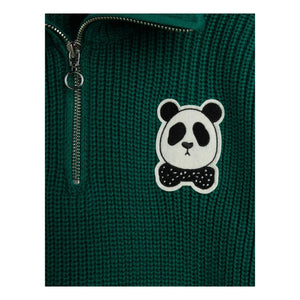 Mini Rodini - Panda Organik Pamuklu Fermuarlı Kazak | Yeşil