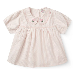 Copenhagen Colors - Striped Claudine Collar Blouse Seersucker Organic Cotton | Light Pink