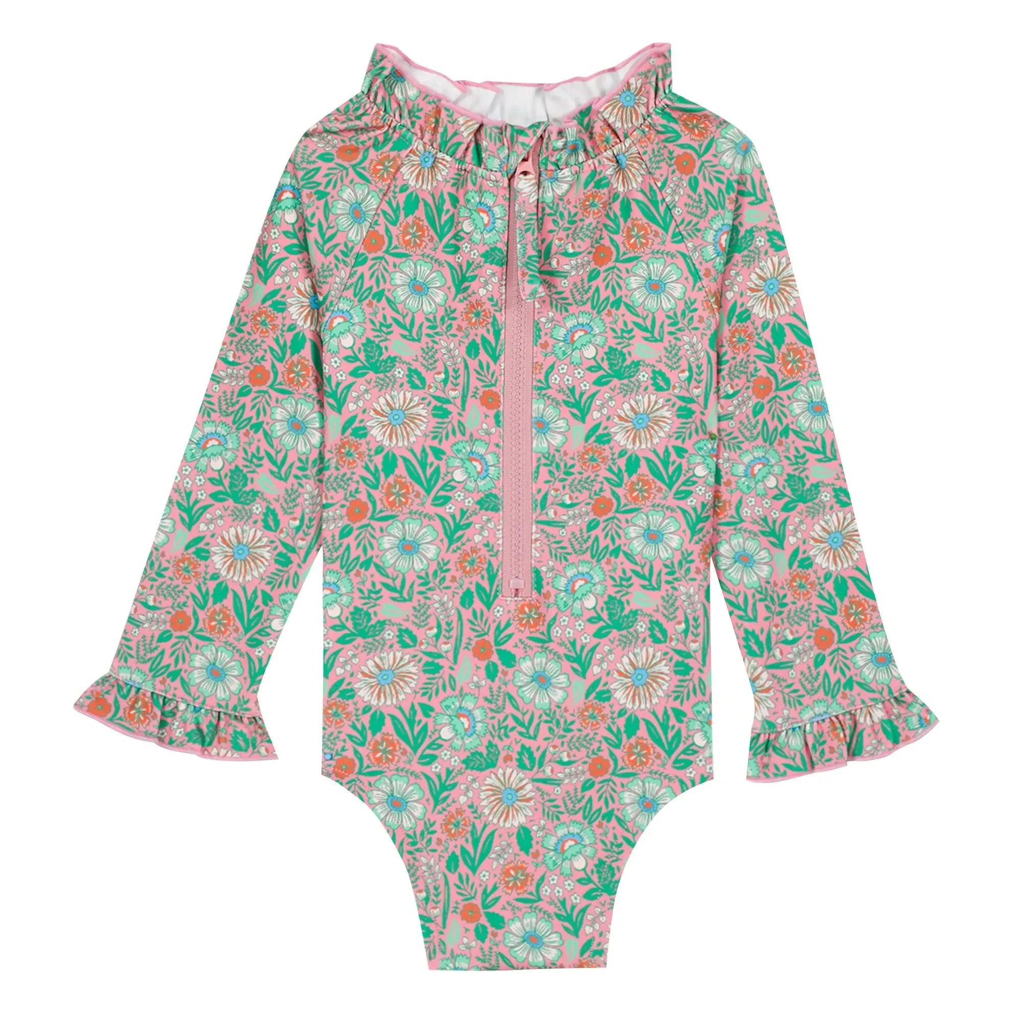 Bonton - Long Sleeve Ruffle Collar Swimsuit Flowers | Lilac