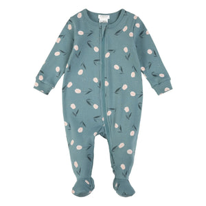 Petit Lem - Organic Cotton Floral Print Ribbed Footed Pajamas | Blue Green