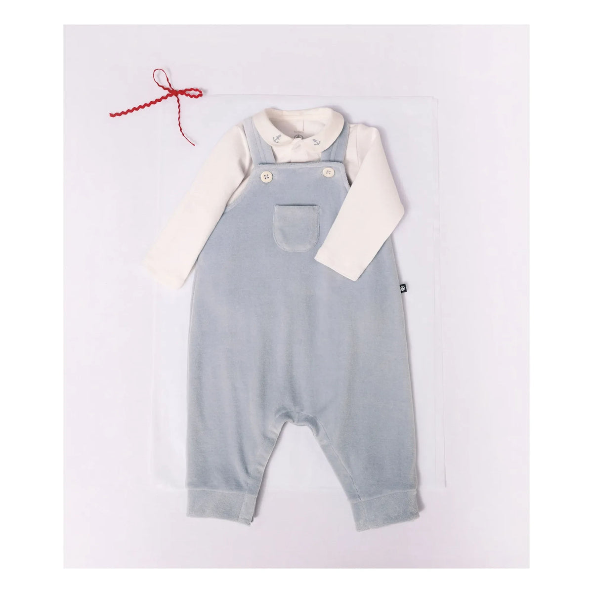Petit Bateau - Organik pamuk kadife salopet ve body seti | Gri mavi