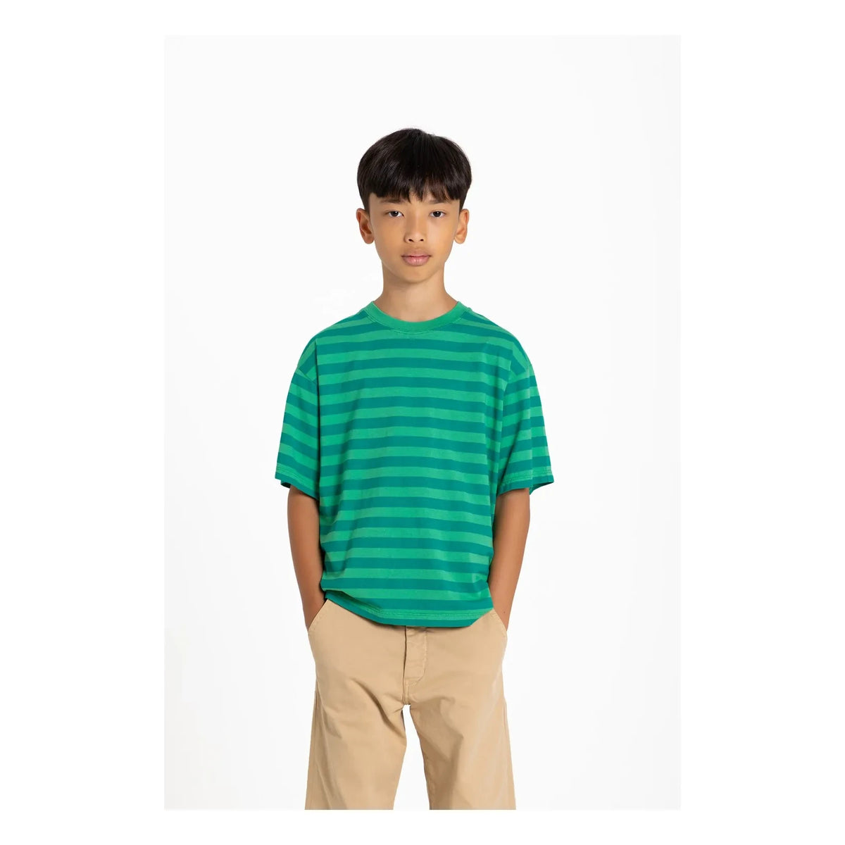 Smallable Kid - Nils Striped Organic Cotton T-shirt | Emerald green