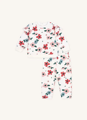 Petit Bateau - Organik pamuklu çiçekli sweatshirt ve jogger seti | Ekru