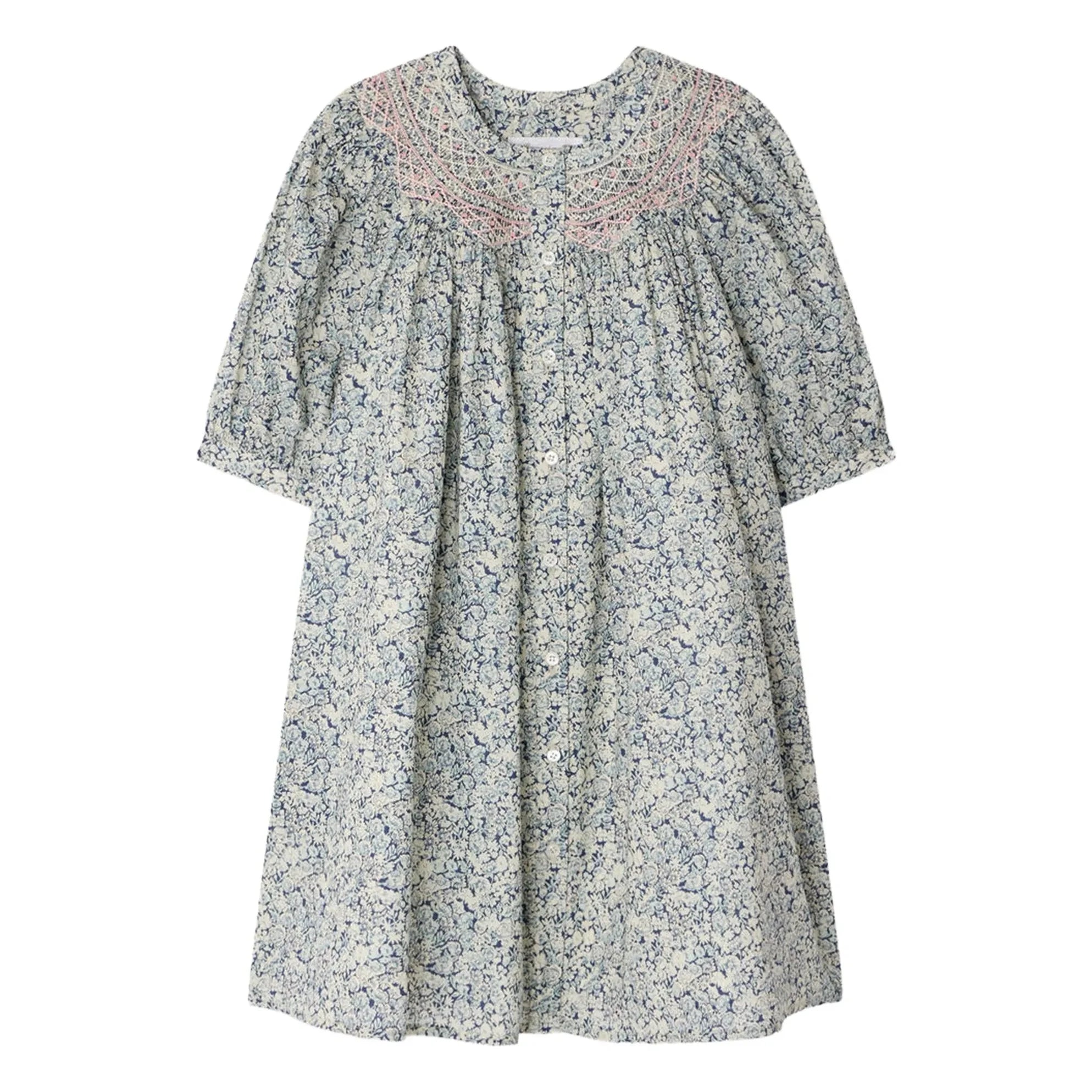Bonpoint - Ladwiga Fleurie Organic Cotton Drawstring Dress | Prussian Blue