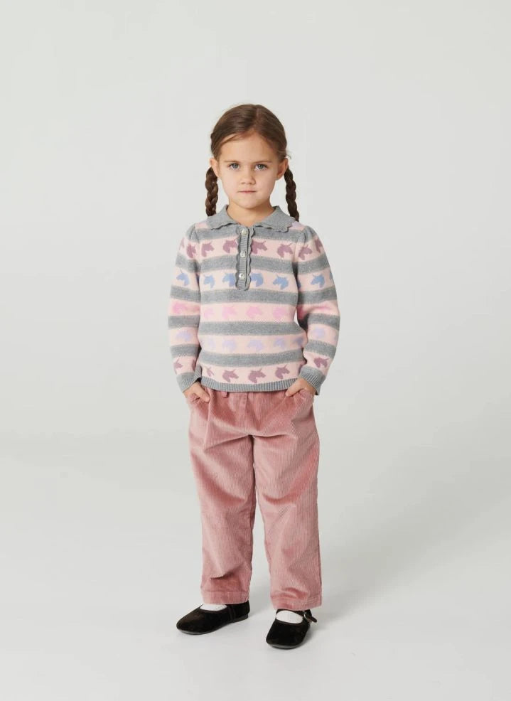 Copenhagen Colors - Organic Cotton Unicorn-Pattern Polo Collar Sweater | Grey