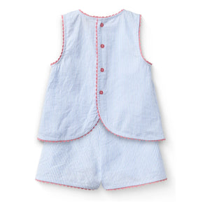 Copenhagen Colors - Striped Seersucker Organic Cotton Wavy Edge Top and Shorts Set | Light blue