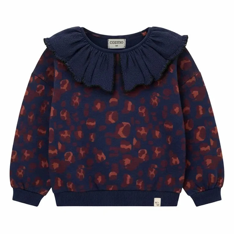 Cozmo - Laia Ruffle Collar Sweatshirt Organic Cotton Leopard | Navy Blue