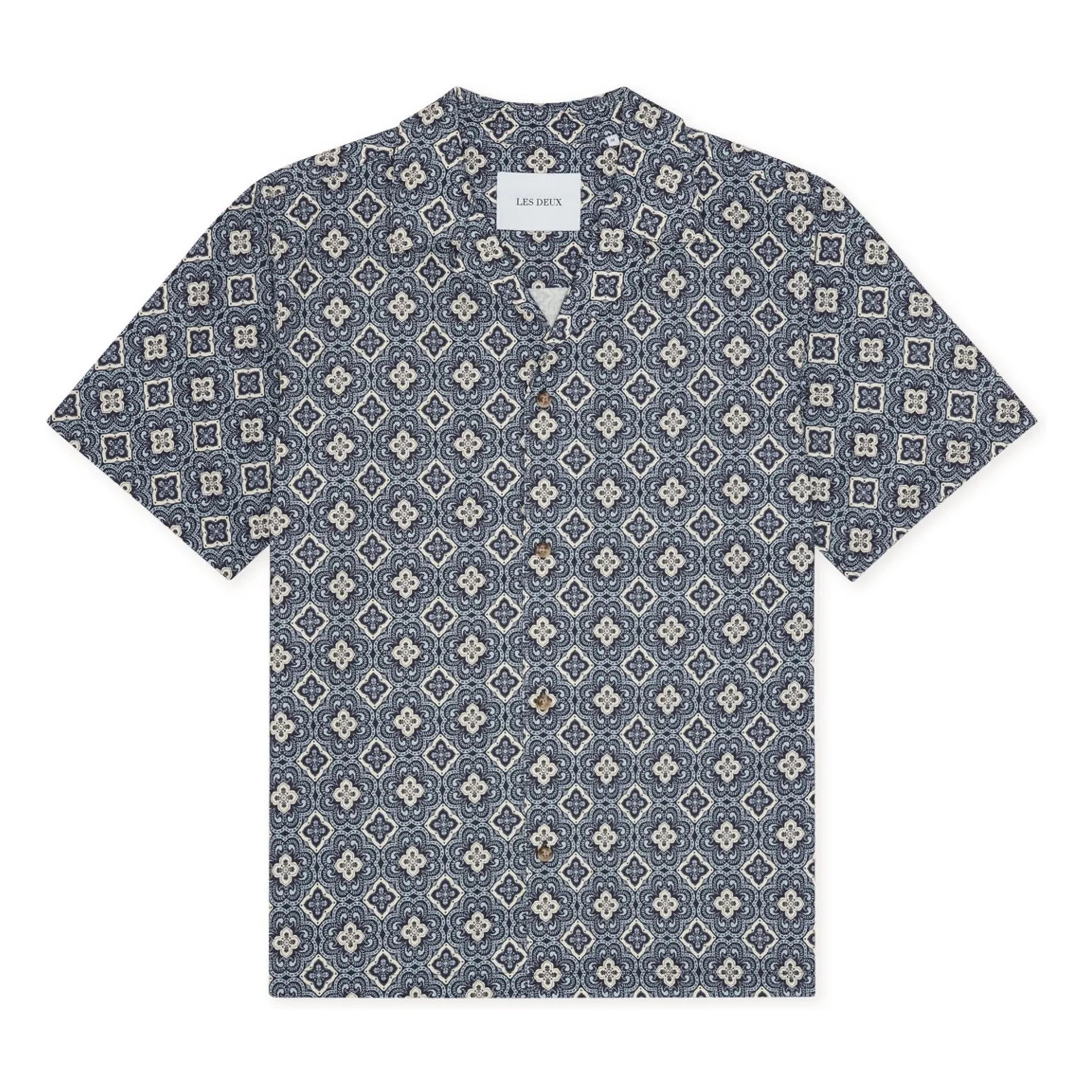 Les Deux - Lukas Arabesque Organic Cotton Short Sleeve Shirt | Blue
