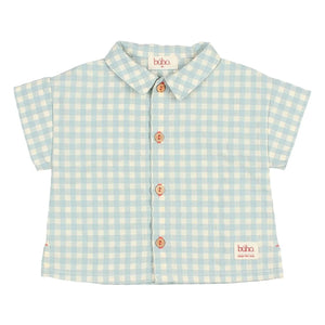 Owl - Gingham Seersucker Organic Cotton Baby Shirt | Aqua