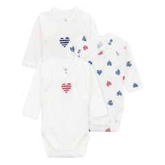 Petit Bateau - 3-Pack Striped Heart Organic Cotton Baby Bodysuit | Ecru