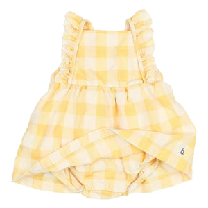 Búho - Gingham Fırfırlı Seersucker Organik Pamuklu Tulum Elbise | Sarı