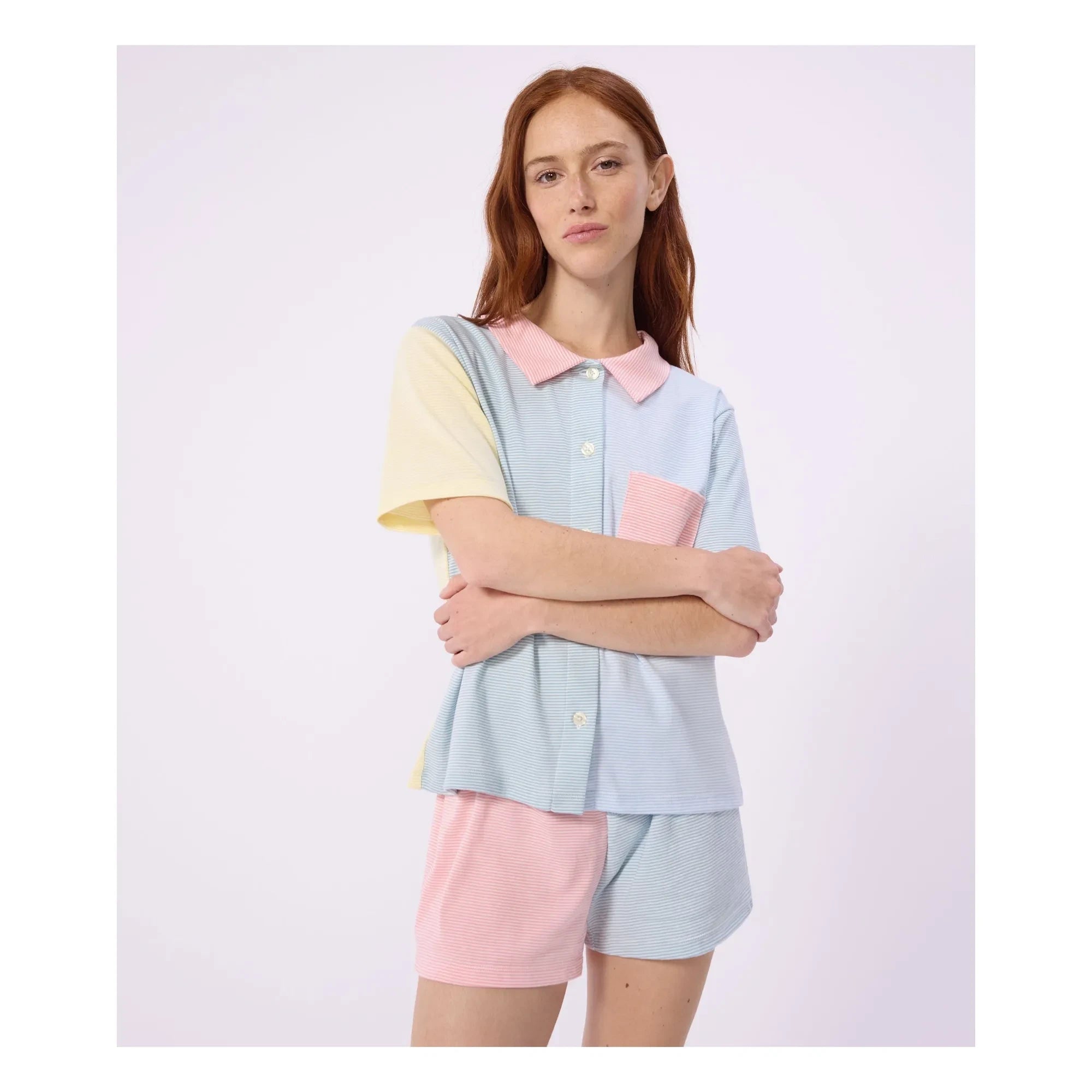 Petit Bateau - Green Block Striped Short Pajamas