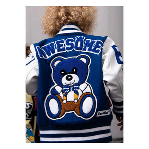 Girl Boy - Leather Patch Awesome Letterman Bomber Jacket | Blue