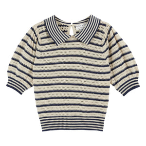 Emile et Ida - Organic cotton openwork striped sweater | Navy Blue