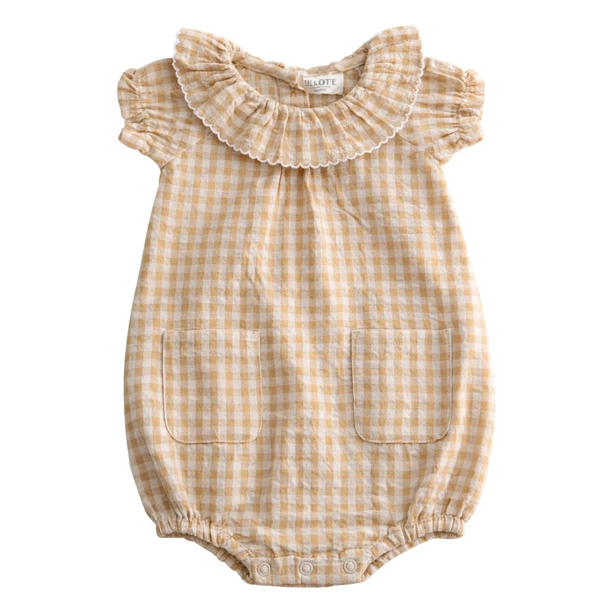 Lililotte - Callie Checked Seersucker Organic Cotton Ruffled Romper | Yellow