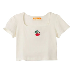 Fabula - Cherry Pattern Ribbed T-Shirt | White